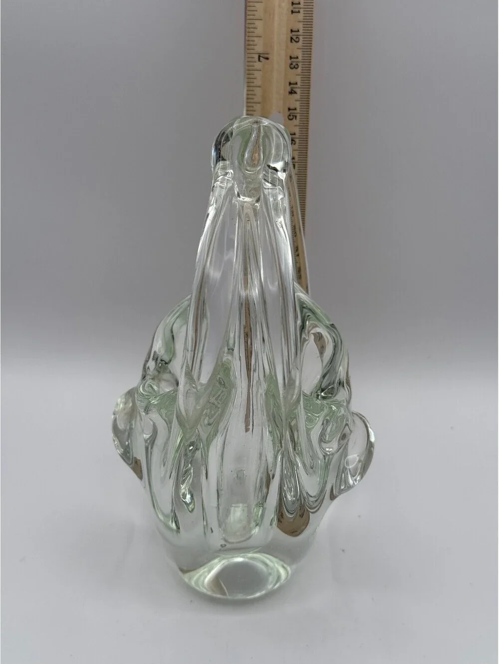 Vintage Hand Blown Art Glass Basket Vase Clear Twisted Handle Heavy 7.5